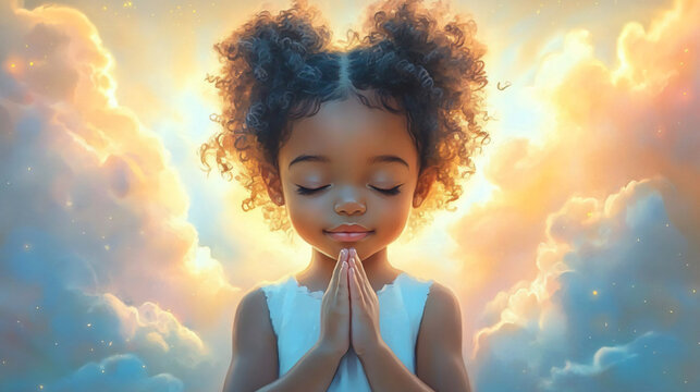 A whimsical digital illustration of a joyful African American girl praying, ideal for children’s events, faith-based celebrations, or uplifting themes.