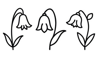 Black-and-white bell-shaped flower outlines, Three black-and-white line art illustrations of bell-shaped flowers with curved stems and simple leaves, showcasing clean and minimalist designs.

