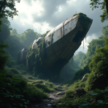 Un colosal naufragio cubierto de vegetaci&oacute;n emerge en medio de una selva exuberante.
