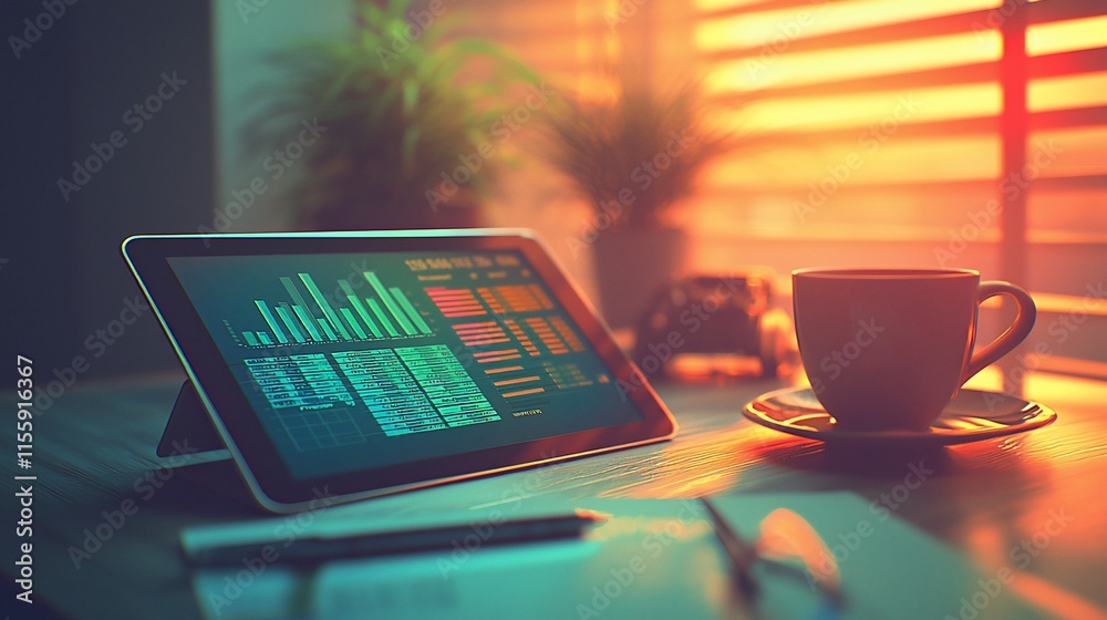 Poster tablet displaying data analytics charts at sunset.
