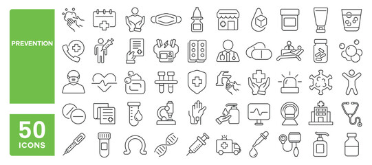 Set of 50 line icons related to prevention, protection, virus, mask, health, disease, infection, wash, safety, medical, treatment, Editable stroke. Vector illustration