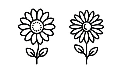 Black-and-white vector daisy flower outlines, Two vector illustrations of daisy flowers in black-and-white, featuring symmetrical petals, decorative centers, and simple stems with leaves.
