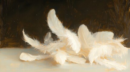 Soft feathers resting gracefully on a table baroque style oil painting serene environment artistic viewpoint
