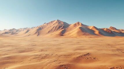 Naklejka premium Vast desert landscape stretches to a mountain range under a clear, light blue sky.