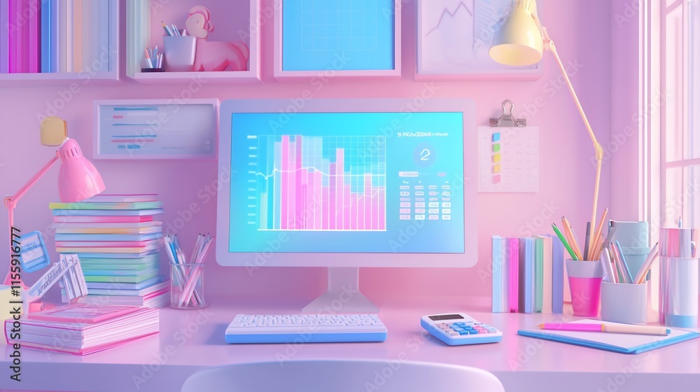 Poster Pastel workspace with computer showing data graphs.