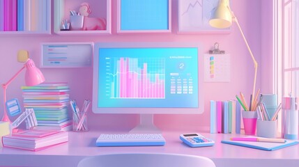Pastel workspace with computer showing data graphs.