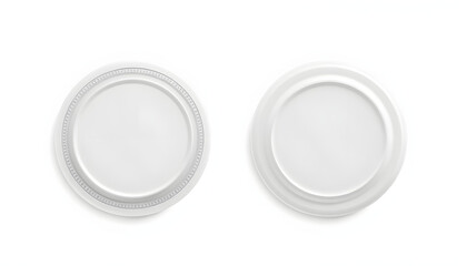 Blank white plastic frisbee mockup, isolated, front and back, 3d rendering. Empty frisbie for throwing mock up, top view. Clear round toy for playing with dog tempalate, collage style. isolated with