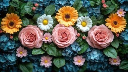 Vibrant floral arrangement with roses, daisies, and hydrangeas.