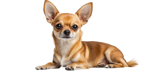  Adorable Chihuahua with tan coat sitting on white background, ears perked up. Small and attentive companion showcasing cuteness and alertness in a relaxed pose.