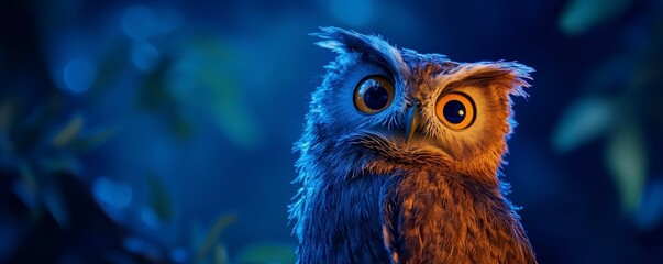 A captivating owl with large eyes perched amidst a softly lit, enchanted forest backdrop, exuding a sense of wonder and curiosity.