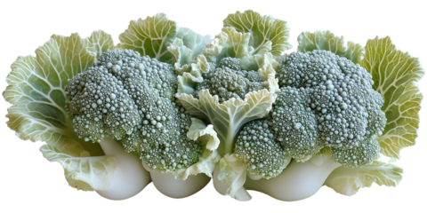  Fresh broccoli heads nestled among green cabbage leaves in a natural arrangement. Vibrant, healthy vegetables perfect for culinary themes or farm-to-table photography.
