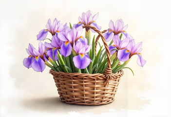 Delicate Watercolor Basket of Purple Irises in Rustic Style
