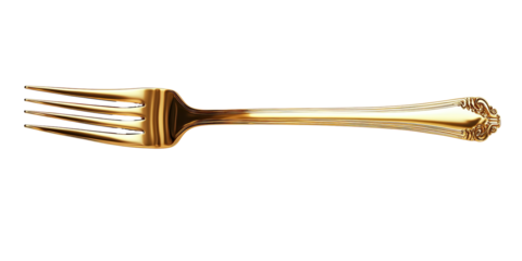  Elegant golden fork with ornate handle and polished finish. Perfect piece for fine dining, luxury tableware collections, or sophisticated culinary presentations.