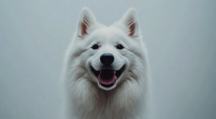 A Samoyed dog with its tongue sticking out, a happy expression, against a white background