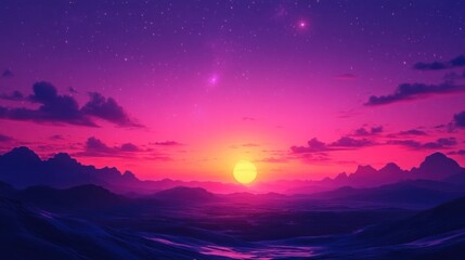 Naklejka premium Vibrant sunset over a mountainous landscape with a starry night sky.