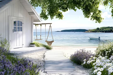 Idyllischer Weg am Meer mit romantischer Holzschaukel und weißem Ferienhaus © Carmen Steiner
