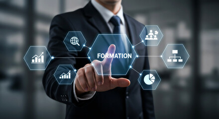 Business formation and data analytics concept featuring interactive digital icons and graphs, symbolizing data-driven decision-making, business processes, and management