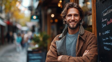 Fototapeta premium Man smiling outdoors in a bustling street with autumn leaves in a lively urban area