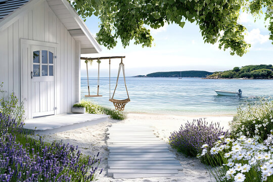 Idyllischer Weg am Meer mit romantischer Holzschaukel und wei&szlig;em Ferienhaus