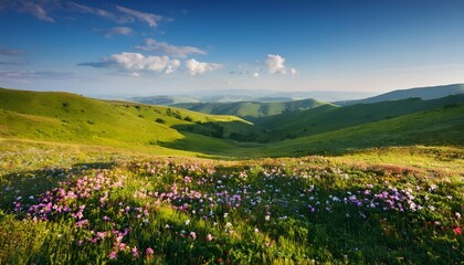 Fototapeta premium Lush Green Hills with Wildflowers and a Clear Blue Sky
