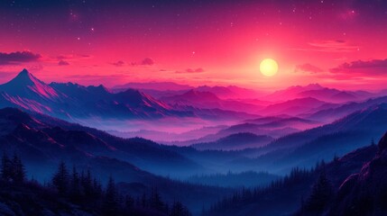 Vibrant sunset over a misty mountain range, with a fiery, magenta sky.