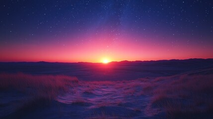 Fototapeta premium Vibrant sunset over snowy landscape.