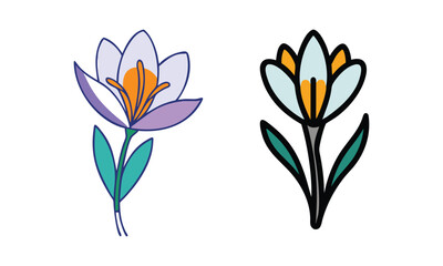 Stylized colorful crocus flower illustrations, Two stylized crocus flower illustrations featuring vibrant purple, orange, and green accents, with clean lines and an elegant design.
