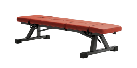  Adjustable red workout bench with sturdy black frame on white background. Functional design suitable for strength training, home gyms, or professional fitness studios.
