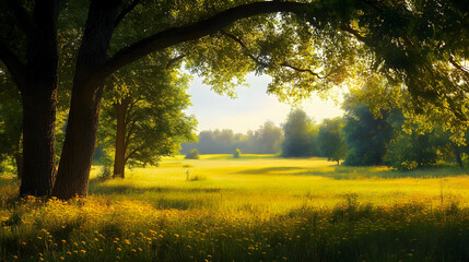 Fototapeta premium A sunny summer landscape with trees, meadows, and vibrant sunlight.