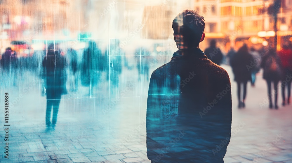 Poster reflective silence in a busy urban scene: contemplative figure overlooks city life with ethereal ima