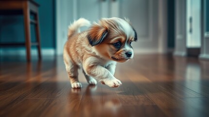 A tiny puppy is curiously exploring the wooden floor. Its playful demeanor and adorable features bring joy to the cozy indoor space, creating a heartwarming atmosphere