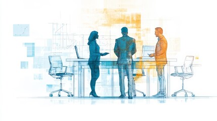 Business Meeting in Modern Office with Abstract Background Illustration