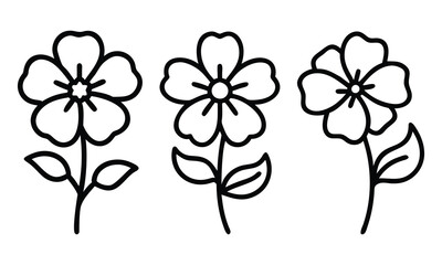 Simple outline drawings of three flowers, Minimalist black-and-white line art of three flowers with leaves, featuring clean and symmetrical designs for versatile use.
