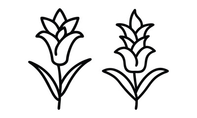Simple outline drawings of tulip flowers, Minimalist black-and-white line art depicting two stylized tulip flowers with leaves, designed in a clean, geometric style.
