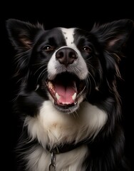 A tired dog lies on a white background, yawning widely. The scene conveys calm and serenity.
