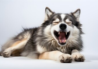 A tired dog lies on a white background, yawning widely. The scene conveys calm and serenity.
