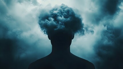 Fototapeta na wymiar Silhouette of a Human Figure with a Cloudy Brain, Representing Emotional Turmoil and Abstract Thought, Surrounded by Dramatic Clouds and a Mystical Atmosphere