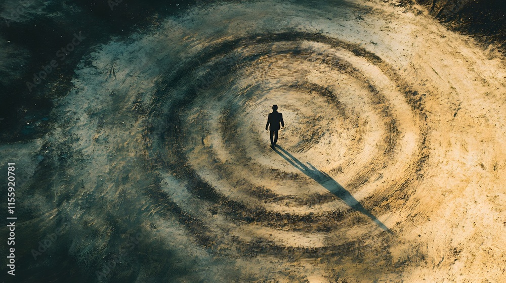 Poster a solitary figure stands in a worn circular pattern in dry earth, casting a long shadow under warm s
