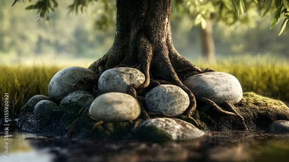 Poster tranquil scene of a beautiful tree with gnarled roots and smooth stones alongside a calm waterbody s