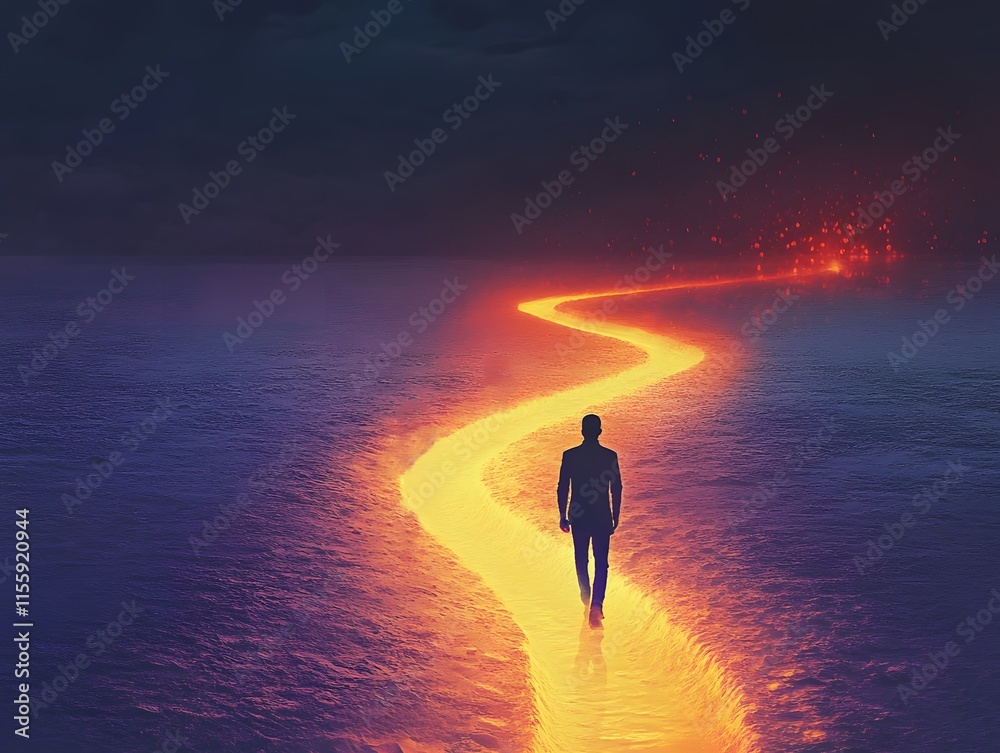 Poster a solitary figure walking on a fiery path through a dark and mysterious landscape surrounded by lava