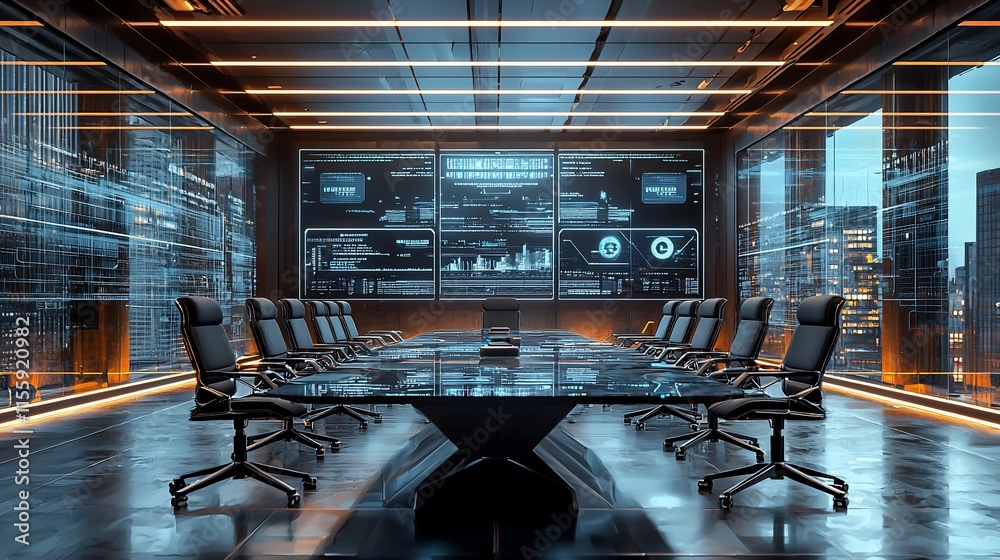 Poster Futuristic meeting room with large screens displaying data.