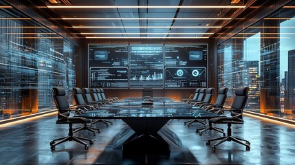 Futuristic meeting room with large screens displaying data.