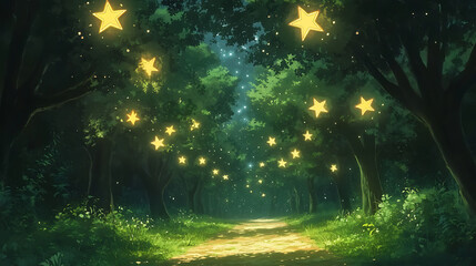 Obraz premium Enchanted Forest Path: A winding path through a magical forest, illuminated by glowing stars, invites you to explore a realm of dreams and wonder. 
