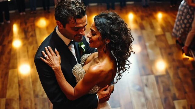 Romantic couple dancing intimately on wooden floor with glowing lights, perfect for slow motion wedding videos.