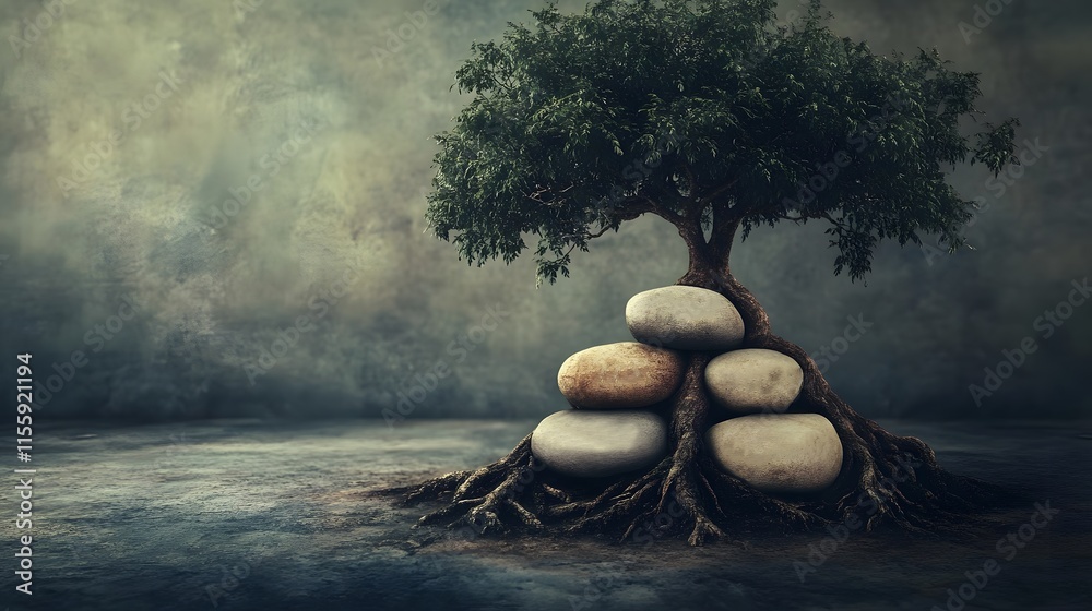 Aufkleber Serene and Tranquil Scene of a Tree Growing from Smooth Stones Against a Moody Background for Nature and Wellness Themes