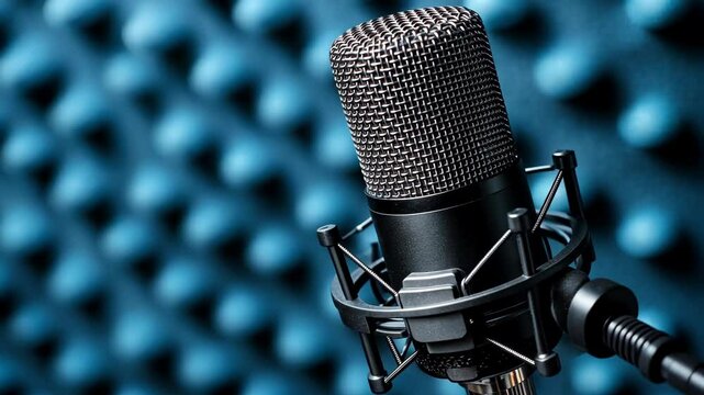Microphone positioned against a soundproof wall ready for recording music and voice at a studio during nighttime hours