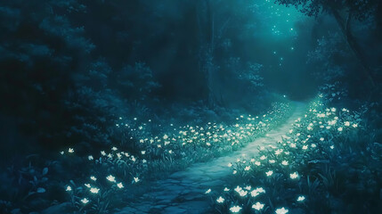 Fototapeta premium Enchanted Forest Path: A mystical and ethereal pathway through a lush, dark forest, illuminated by a field of glowing fireflies. The path leads the viewer towards a mysterious and captivating unknown.