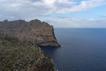 Cap de Formentor, Mallorca, Spain 25.10.2021 - Dramatic limestone cliffs at northern coastline with Mediterranean Sea view