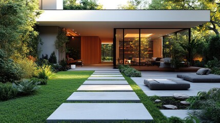 Obraz premium Modern house with garden path, patio, and lush greenery.