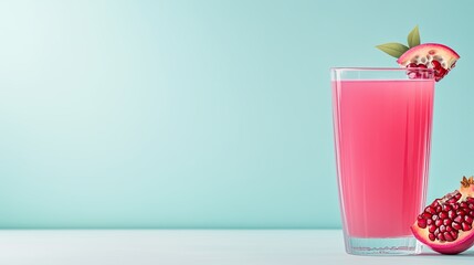 A premium glass of pomegranate juice paired with a fresh pomegranate slice, set on a pastel background with room for text
